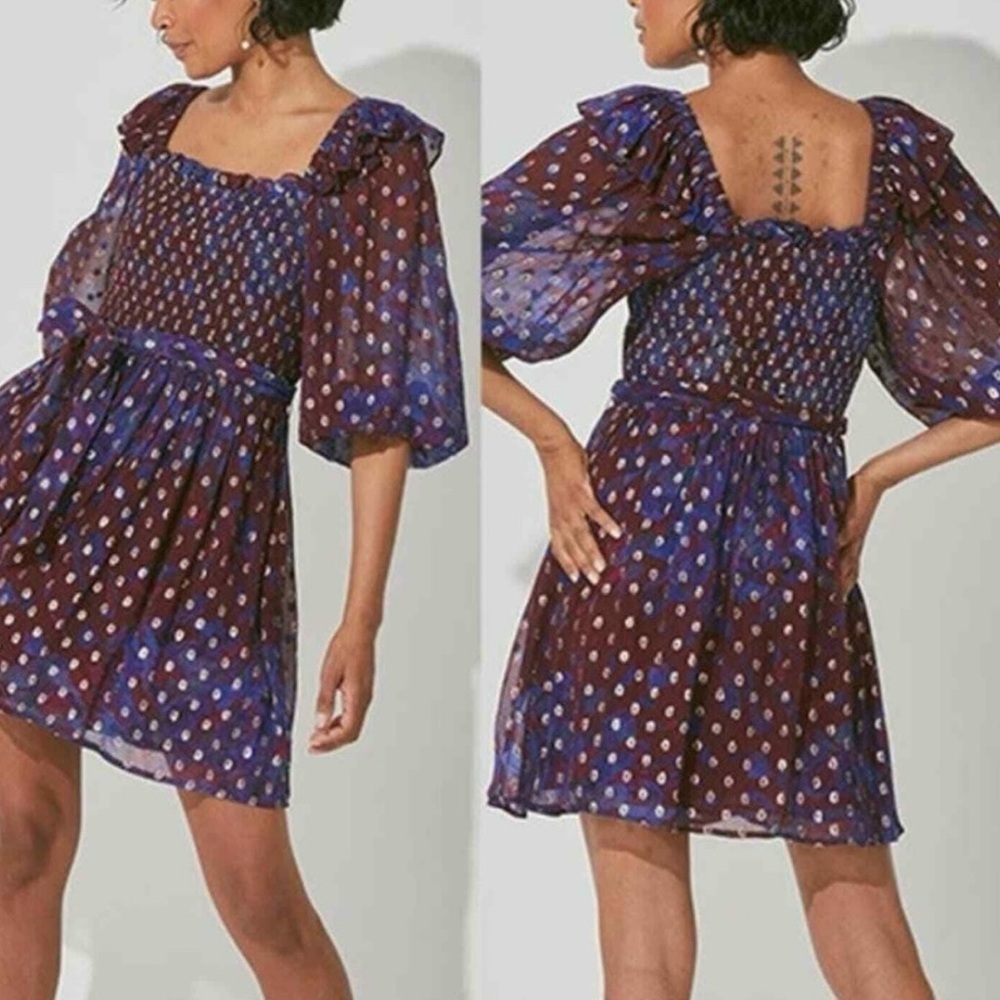 Cleobella Blue and Red Square Neck Puff Sleeve Mini Dress